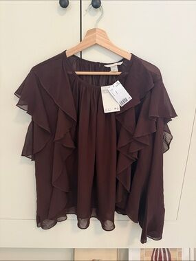 H&M Dark Brown Ruffle Sleeve Blouse